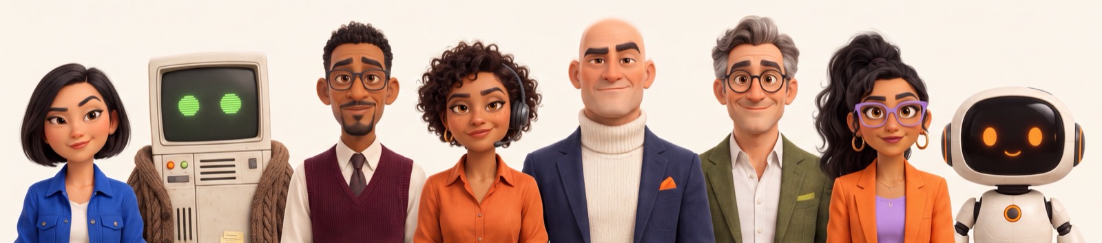 The WearCX cast: Nia, Lenny, Clive, Zara, Atlas, Felix, Maya and EVA